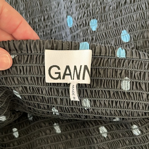 Ganni Shirred Smocked Ruffle Trimmed Polka Dot Cotton Poplin Top - Picture 8 of 9